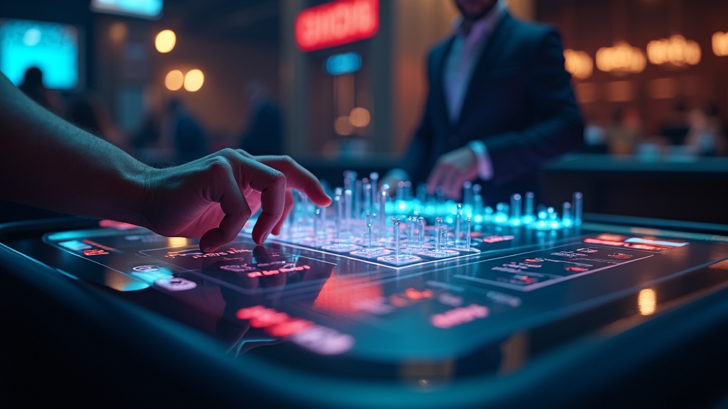 Leuchtende Zahlungsmethoden an einem Casino-Cashier in dunkler Neon-Atmosphäre